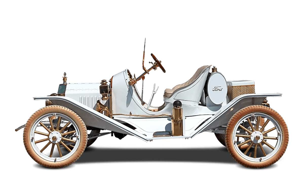 Ford Modelo T Roadster 1908 en color negro, vista lateral, destacando su diseño convertible icónico